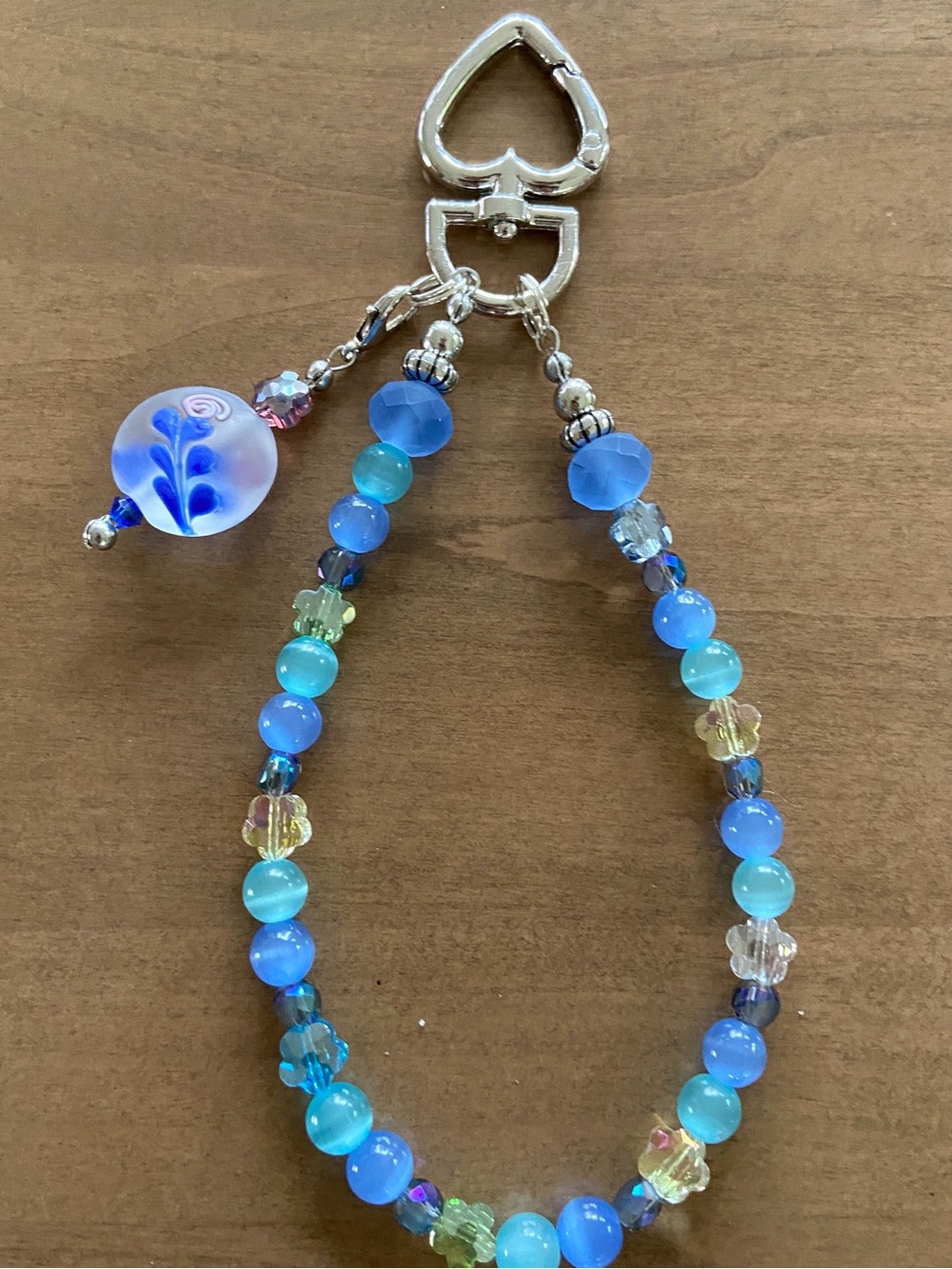 Handmade Blue Beaded Heart Clip-On Phone Wristlet Keychain